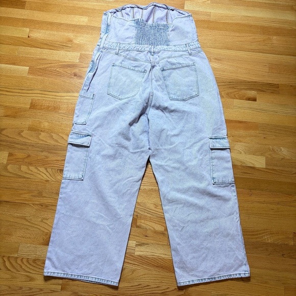 Womens Denim Strapless Jumpsuit Acid Washed Size 2X Cargo Pockets Lavender Blue - Picture 9 of 10